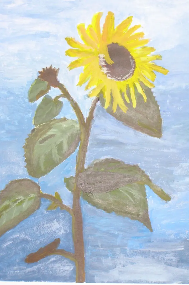 Schilderij van een zonnebloem in acrylverf, gemaakt in het atelier