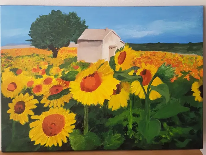 Zonnebloemenveld in acrylverf
