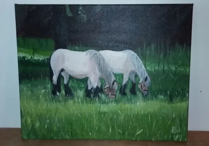 Twee paarden in de wei, acrylverf
